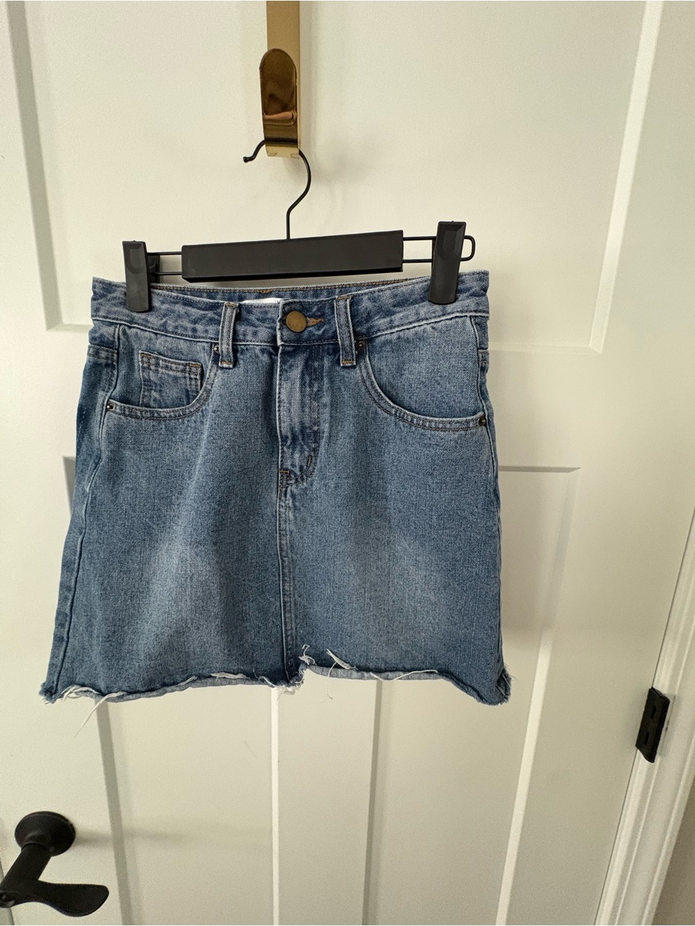 Title: Oak + Fort Blue Denim Mini Skirt – Raw Hem – small